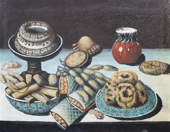 17th century Italian Style Still lifes of fruit and pastries on tabletops 19 x 25in.